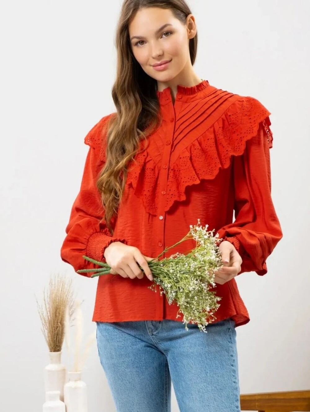 ❤️ NWT! BLU PEPPER EYELET RUFFLE VINTAGE INSPIRED BUTTON DOWN TOP / SHIRT, SMALL